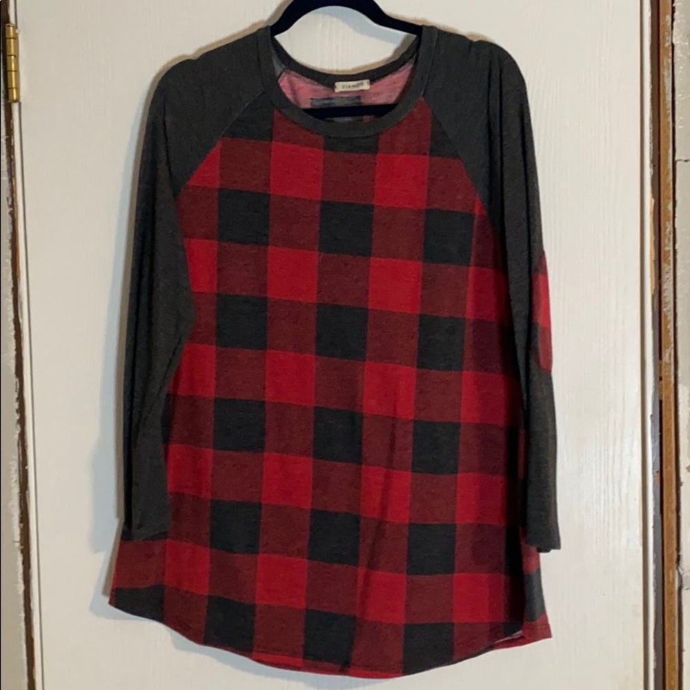 Red plaid long Sleeve Shirt with Elbow Patch